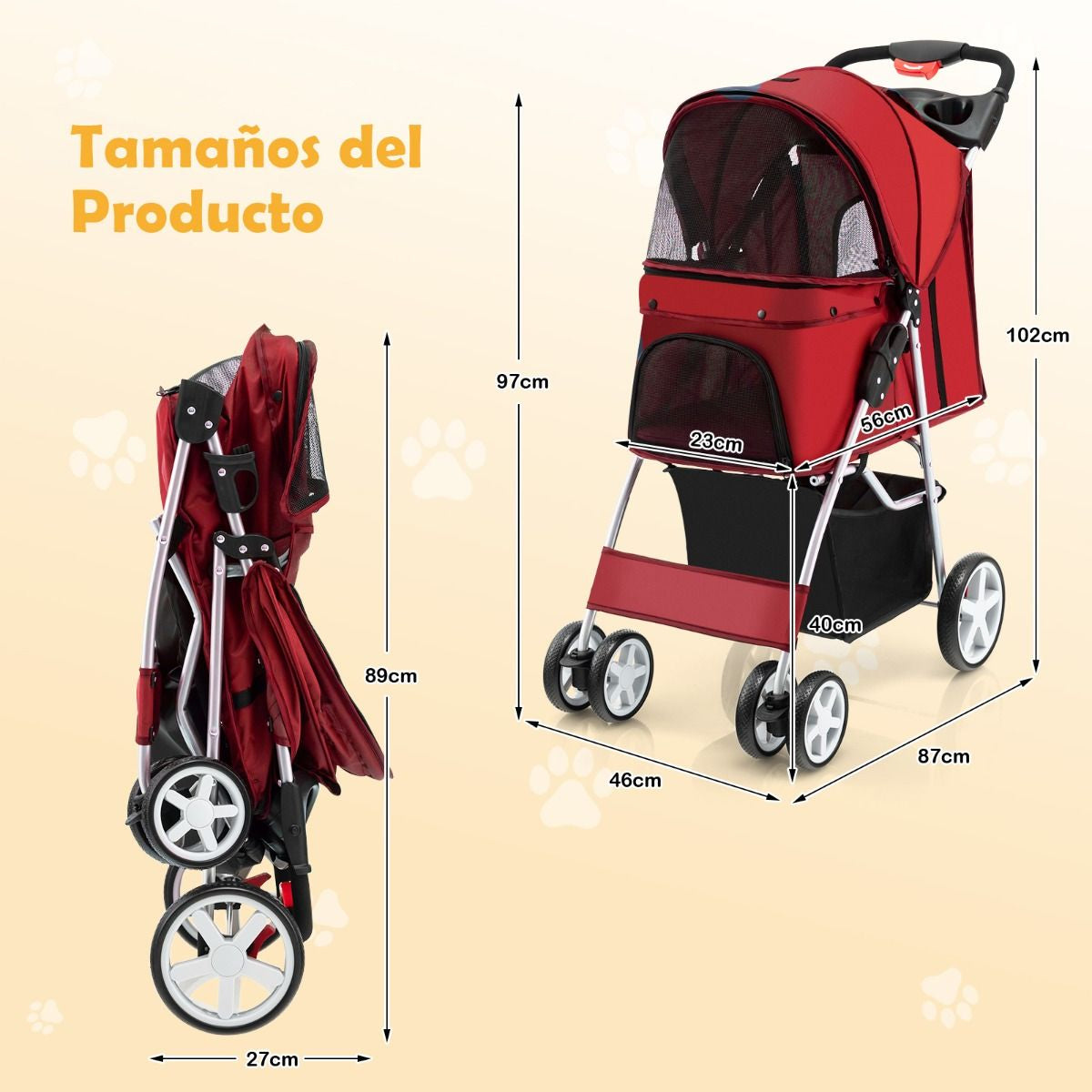 Cochecito Para Mascotas Plegable De 4 Ruedas Transportín De Viaje Portátil Para Gatos/Perros Con Cesta Ventana 87 X 46 X 102 Cm