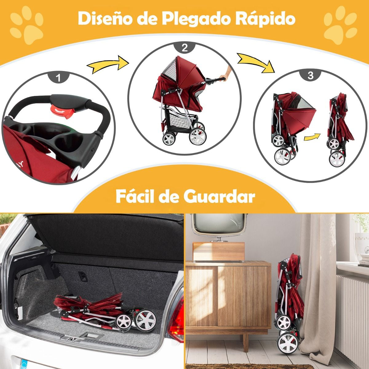 Cochecito Para Mascotas Plegable De 4 Ruedas Transportín De Viaje Portátil Para Gatos/Perros Con Cesta Ventana 87 X 46 X 102 Cm