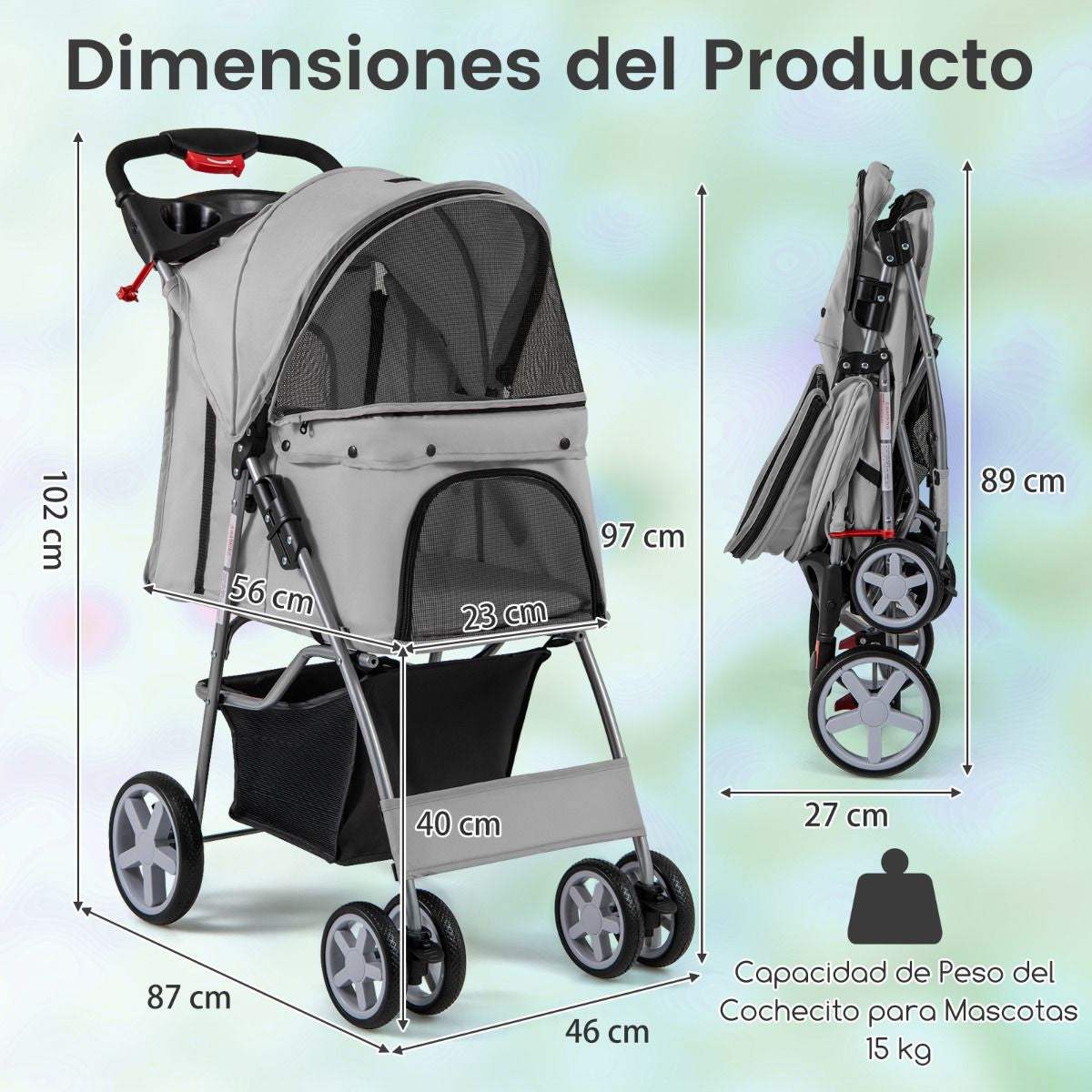 Cochecito Para Mascotas Plegable De 4 Ruedas Transportín De Viaje Portátil Para Gatos/Perros Con Cesta Ventana 87 X 46 X 102 Cm