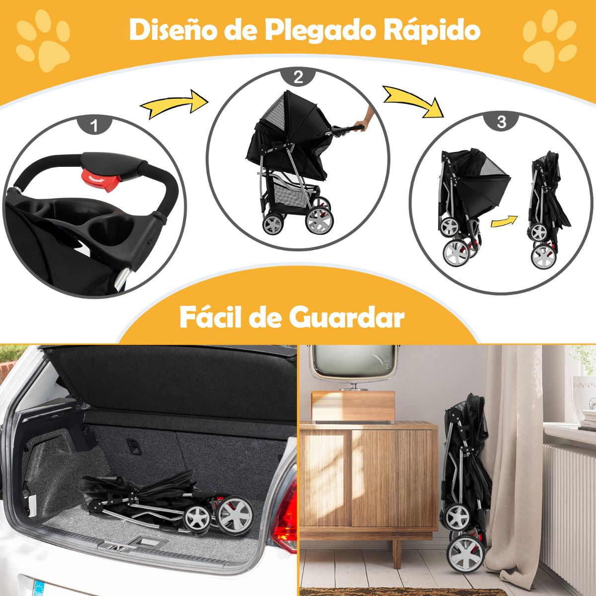 Cochecito Para Mascotas Plegable De 4 Ruedas Transportín De Viaje Portátil Para Gatos/Perros Con Cesta Ventana 87 X 46 X 102 Cm