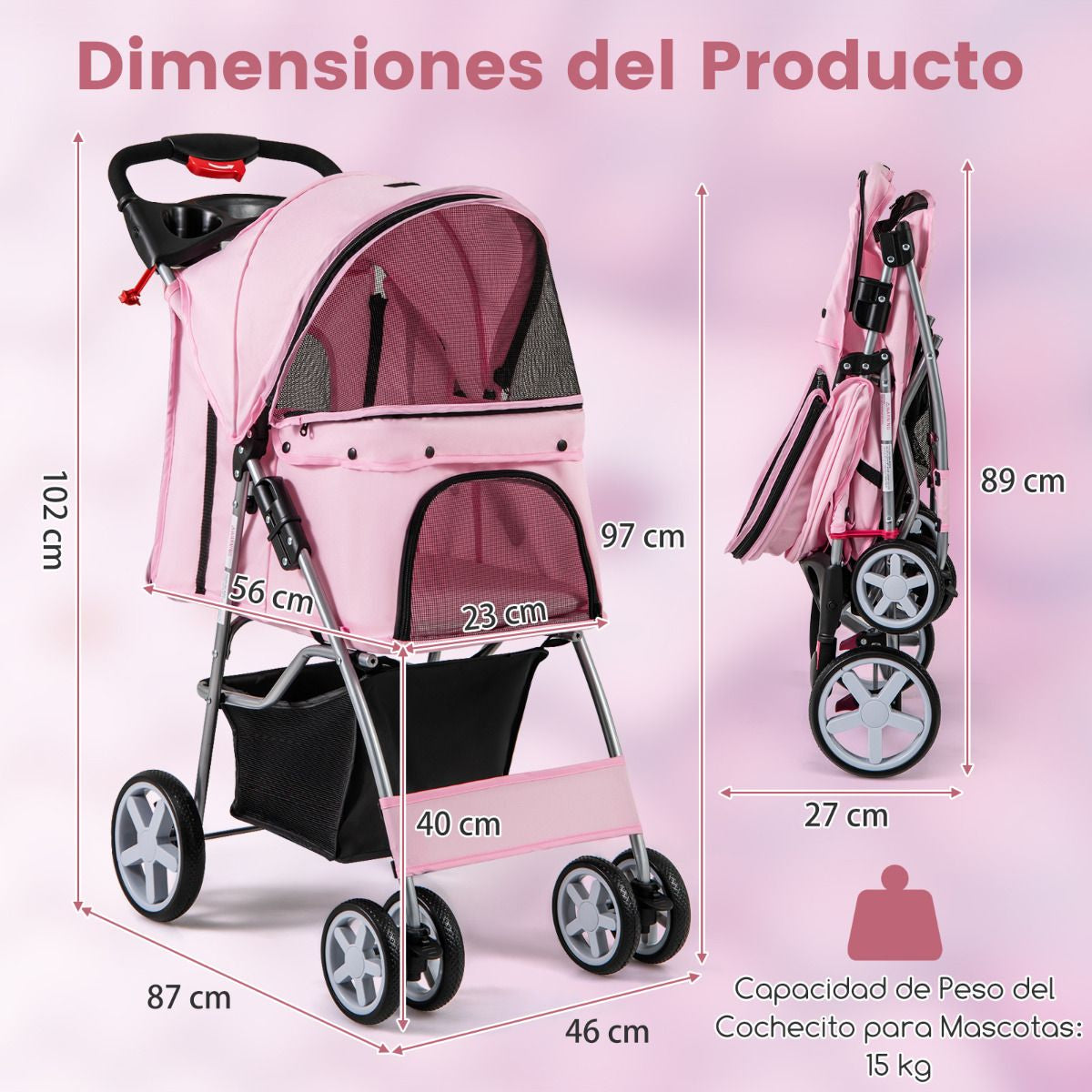 Cochecito Para Mascotas Plegable De 4 Ruedas Transportín De Viaje Portátil Para Gatos/Perros Con Cesta Ventana 87 X 46 X 102 Cm