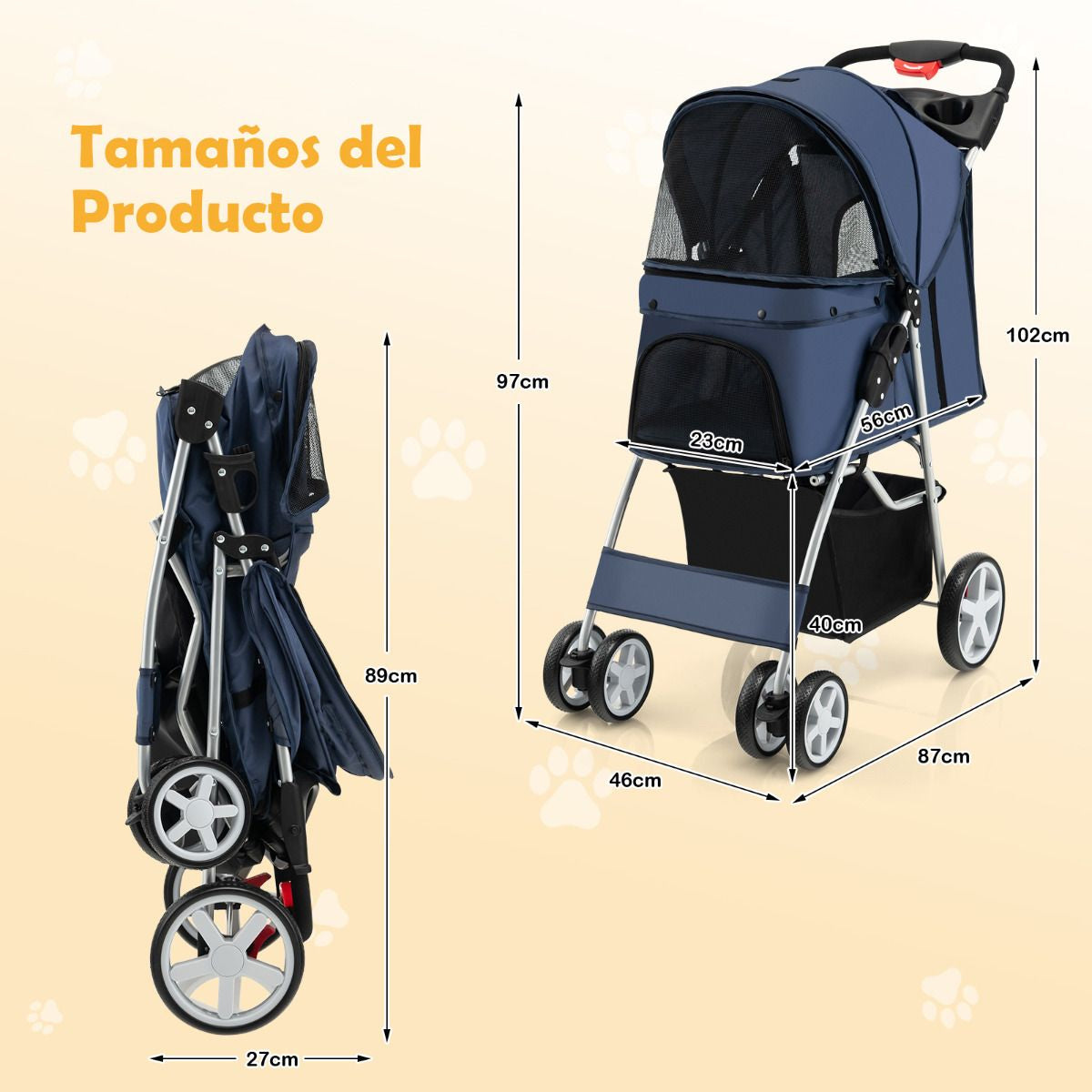 Cochecito Para Mascotas Plegable De 4 Ruedas Transportín De Viaje Portátil Para Gatos/Perros Con Cesta Ventana 87 X 46 X 102 Cm